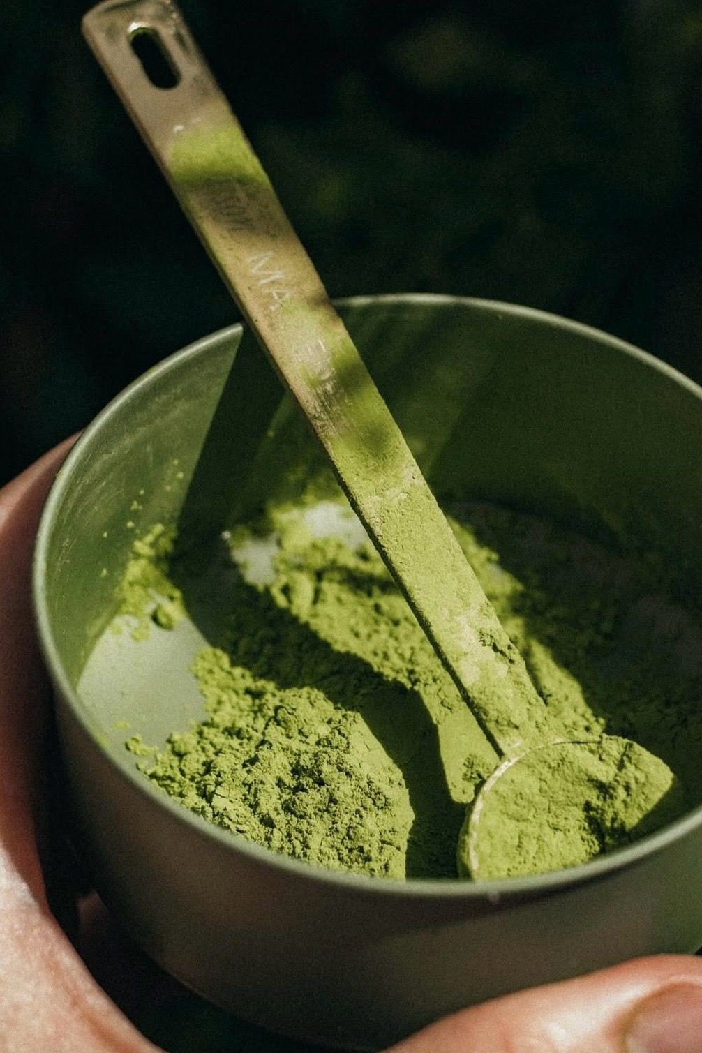 Fine matcha powder and bamboo scoop